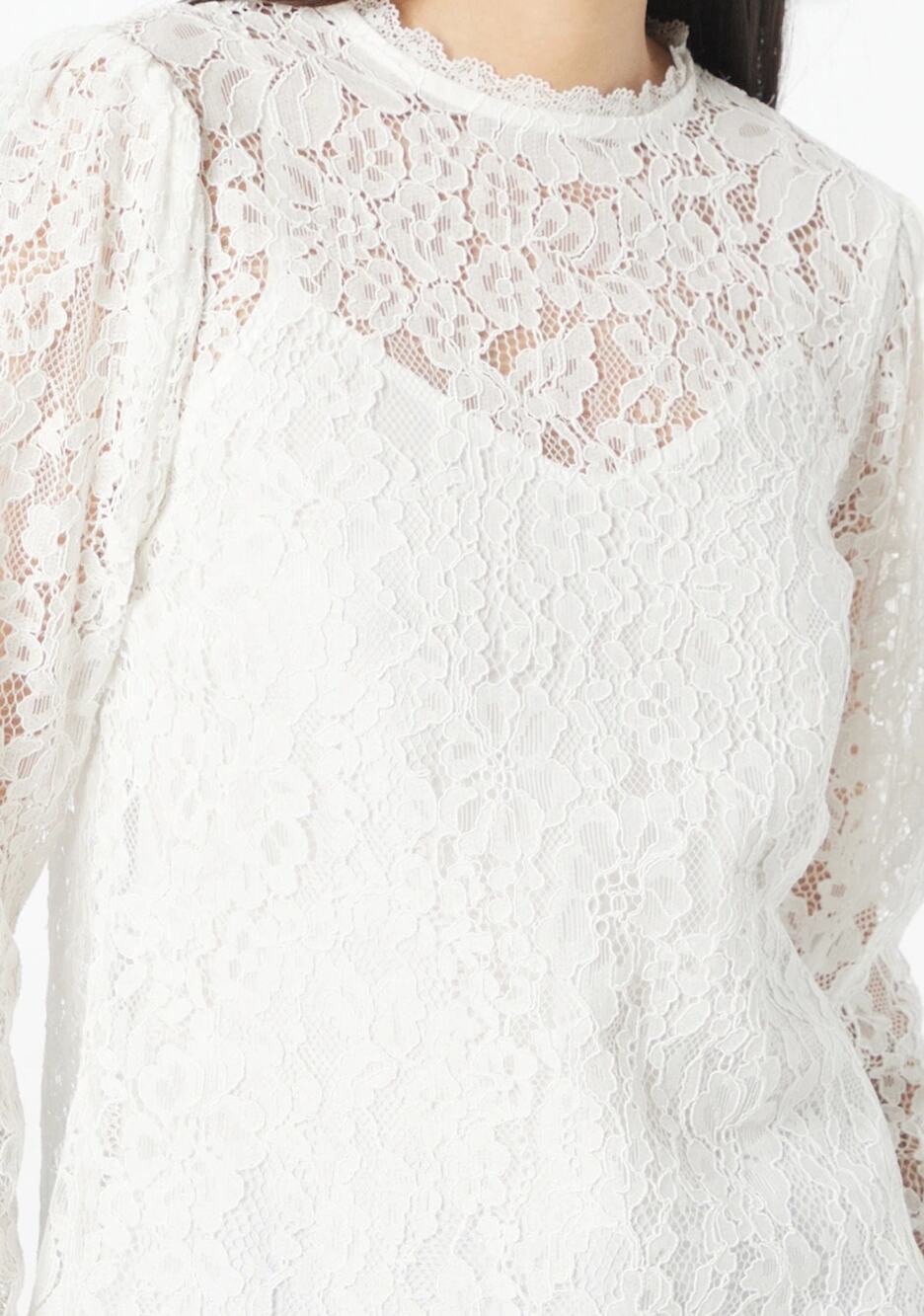 ModCloth White Cotton Lace Mock Neck Long Sleeve Blouse XL Romantic Feminine